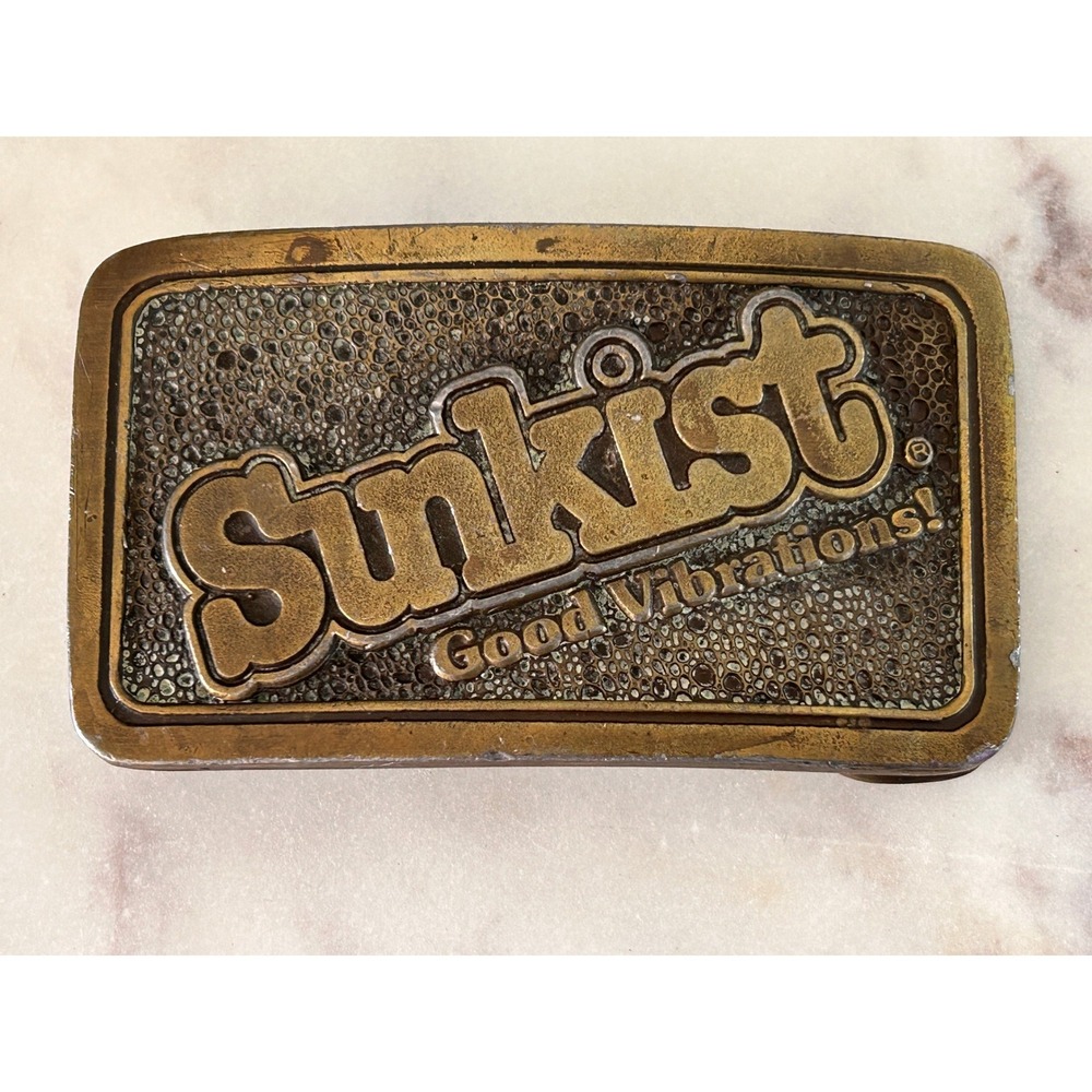 Vintage Sunkist Good Vibrations Brass Belt Buckle Retro Advertising Collectible